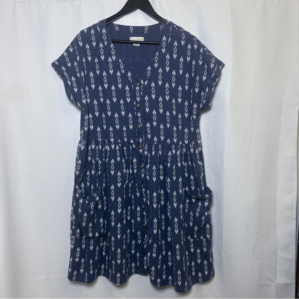 Peyton & Parker Linen Ikat Button Front Dress Women's Large Blue Pockets
